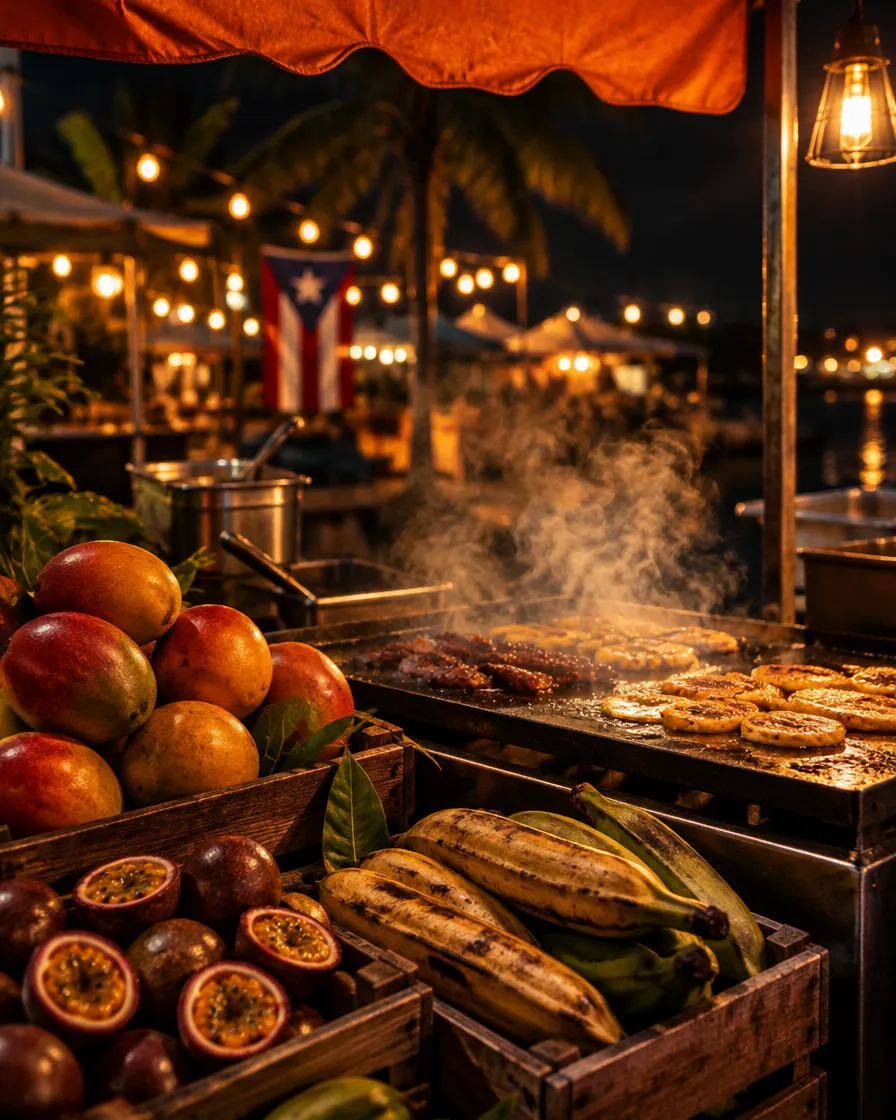 Plancha humeante y frutas tropicales en un puesto de comida de noche