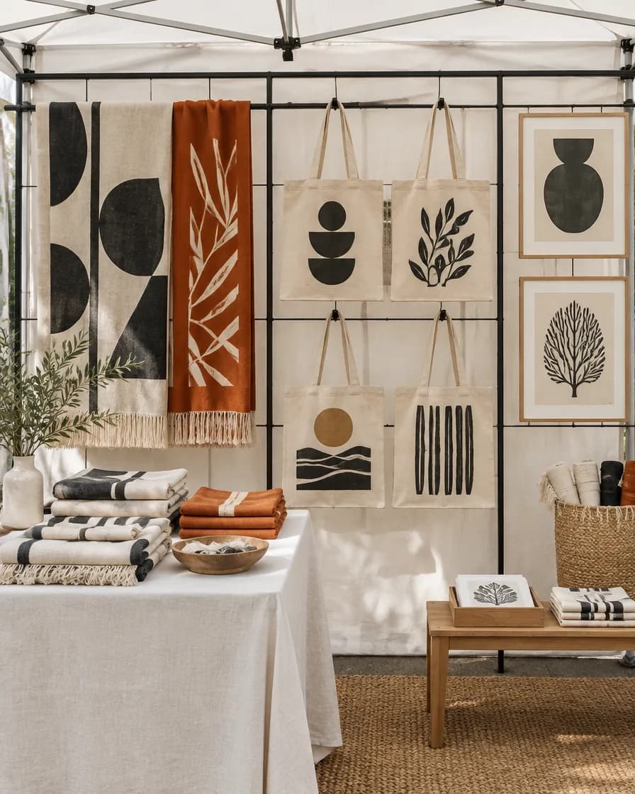 Textiles y bolsas serigrafiadas colgados en un puesto de diseño