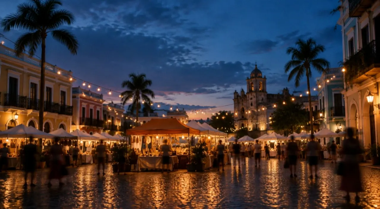 Feria nocturna en una plaza, con toldos blancos y luces colgadas