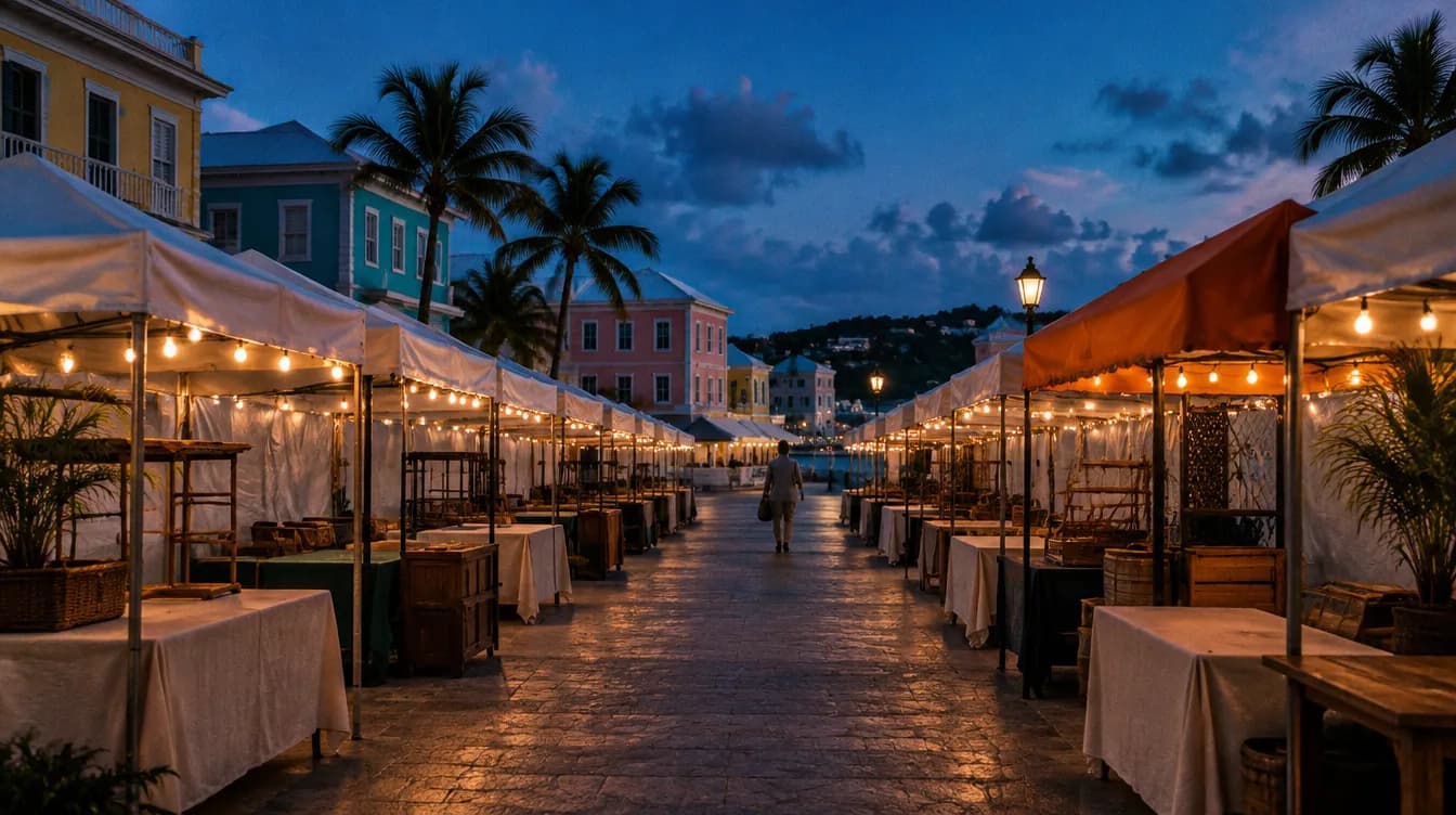 Pasillo de una feria al atardecer, con las luces recién encendidas